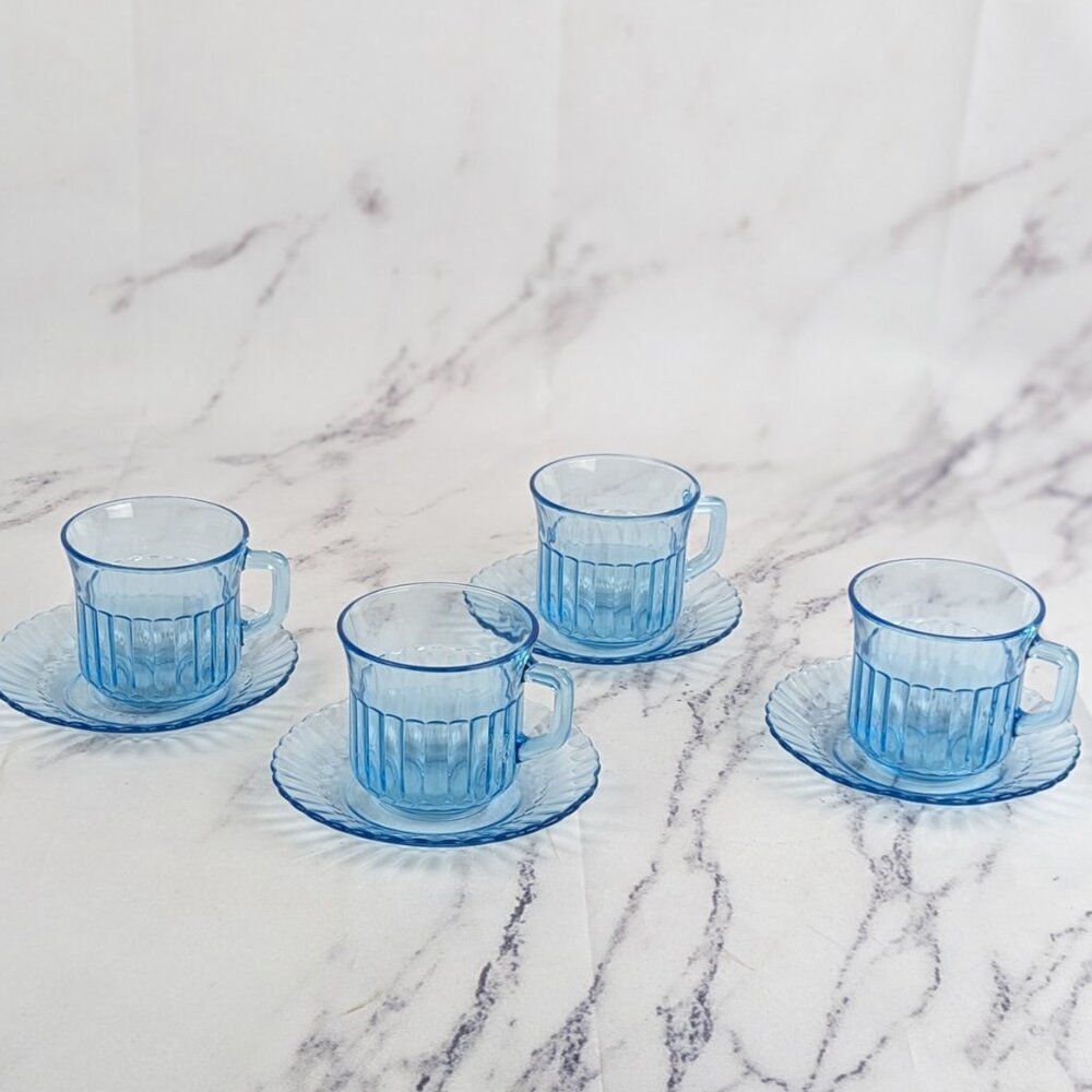 Fortecrisa Mexico Blue Glass Mugs and Saucers Scalloped Vintage Set of 4